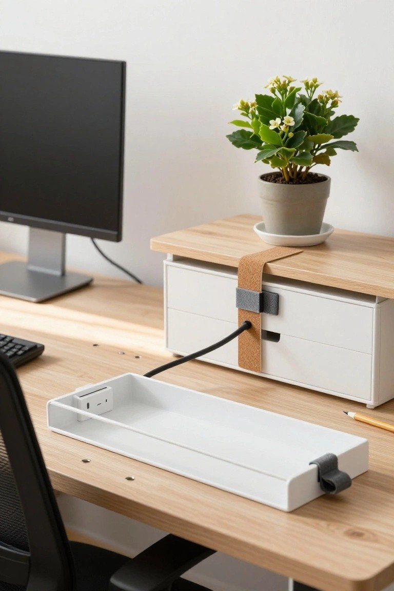 Home office desk setup with white plastic tray holding power strip and cables, birch wood monitor stand with drawers and strap, potted plant, keyboard, and mesh chair.