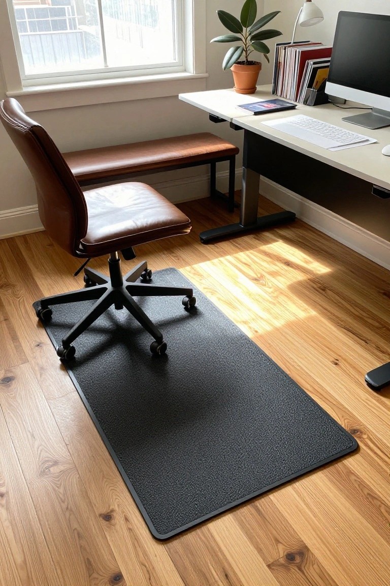 A brown leather office chair on a black rectangular chair mat on light hardwood floors in a home office with a white standing desk, iMac computer, potted plant, and window.