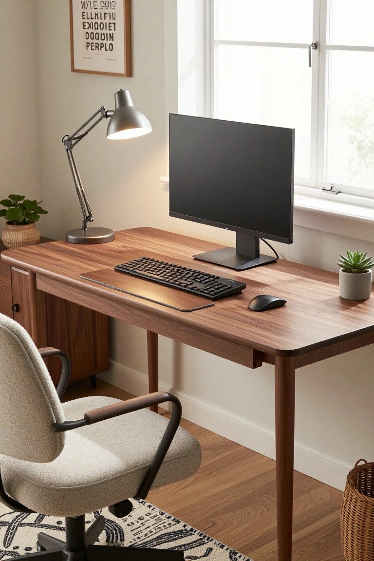 Home office with wooden desk featuring pull-out keyboard tray, black keyboard and mouse, raised monitor on stand, adjustable task lamp, ergonomic chair, plants, and window.