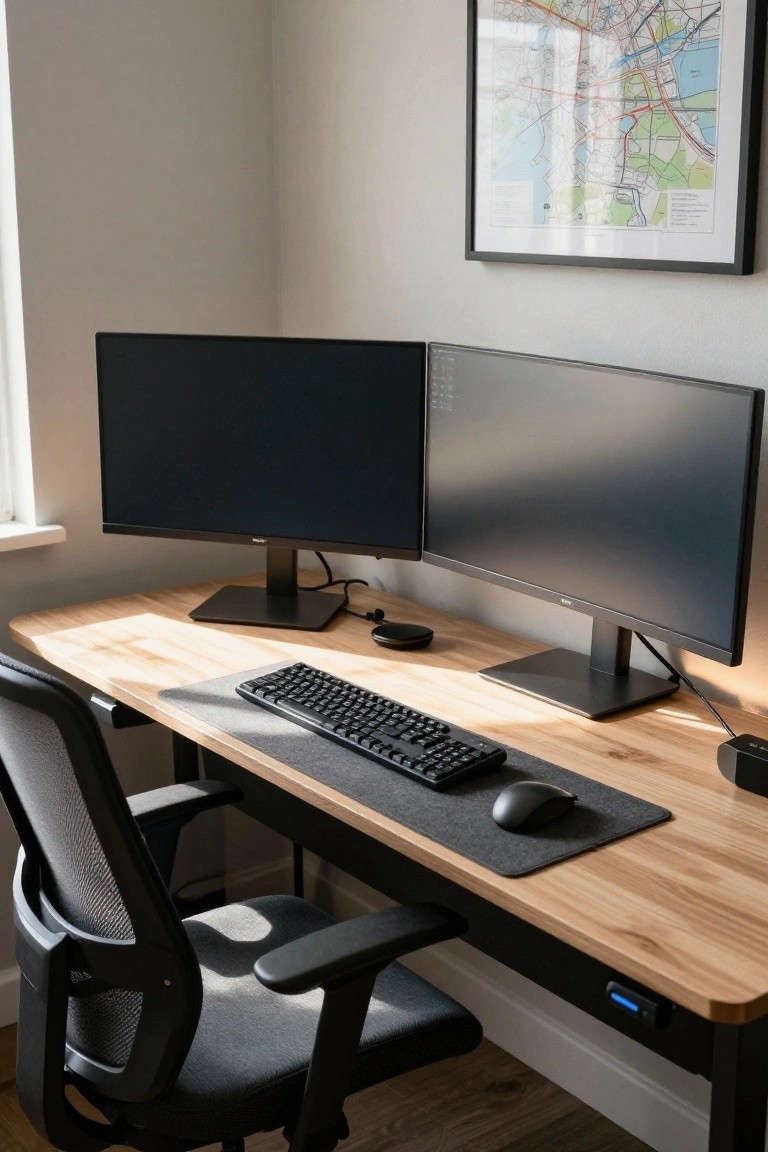 Home office corner featuring a light wood height-adjustable standing desk with two black monitors, mechanical keyboard, black mouse on gray pad, mesh office chair, and a framed city map on the wall.