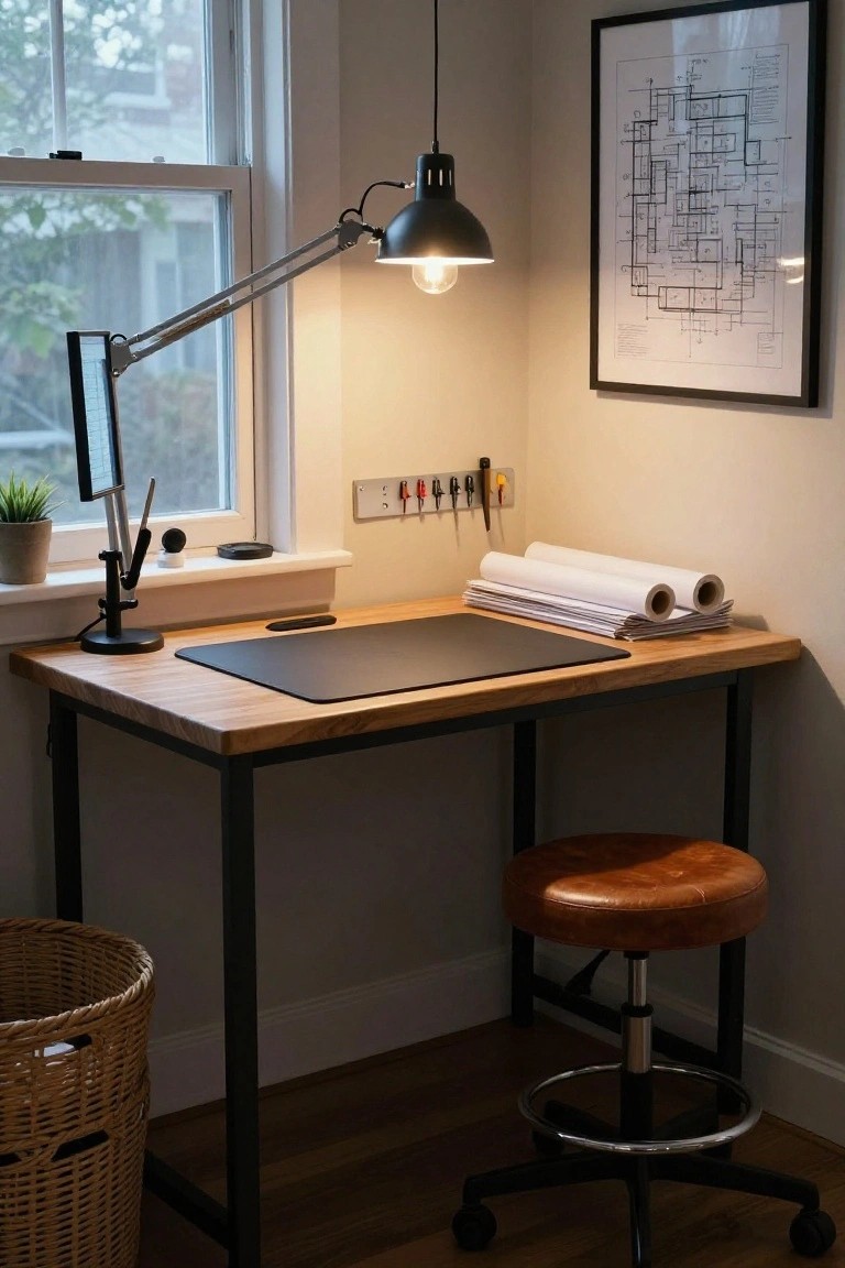 Corner home office with wooden-top desk on black metal legs, tan leather adjustable stool with footring, gooseneck lamp holding a monitor screen, wall-mounted tools, and rolled paper blueprints nearby.