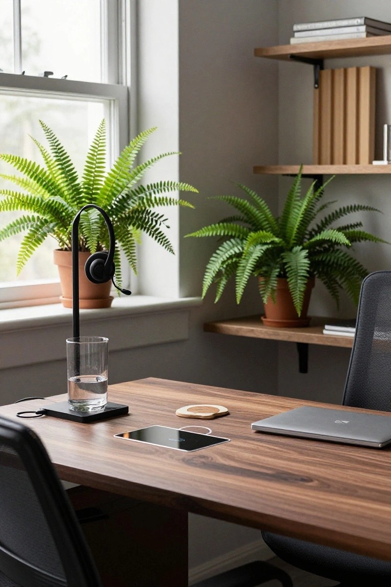 Home office desk made of wood holding a silver laptop, black tablet on charger, glass of water, coasters, and phone, with mesh chairs, potted ferns, bookshelves, and a window in a light gray room.