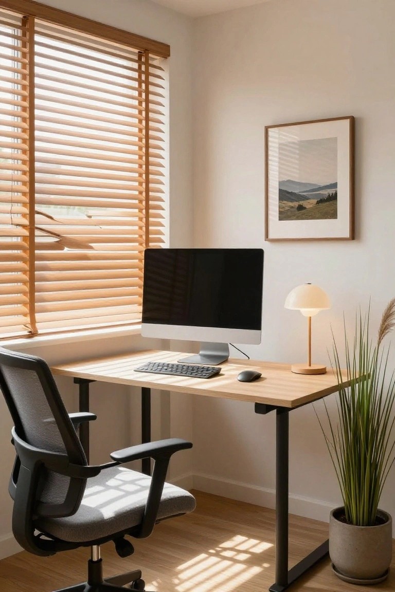 Home office corner with wooden desk holding iMac monitor, keyboard, mouse, wooden lamp, and potted plant next to large window with wooden blinds, ergonomic mesh chair, and mountain landscape print on wall.