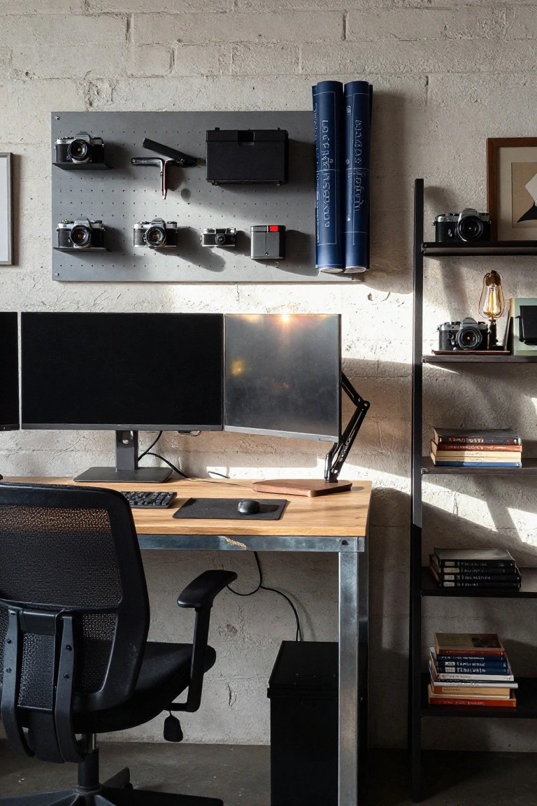 Home office featuring a black mesh ergonomic chair at a wooden desk with metal legs, two computer monitors, keyboard and mouse, pegboard wall displaying vintage cameras, brick walls, and metal shelving with books and lamps.