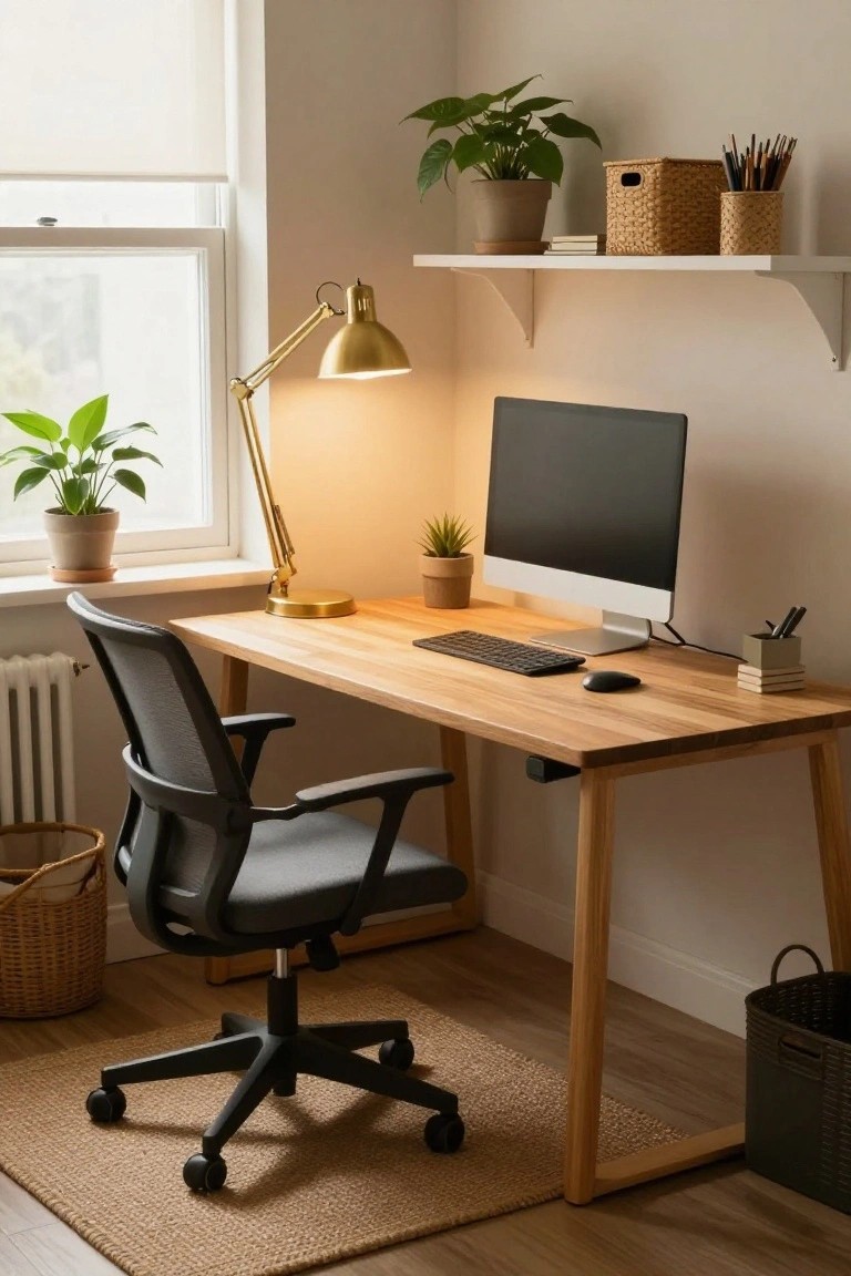 Light wood desk with black mesh ergonomic chair, blank iMac monitor, wireless keyboard and mouse, gold adjustable lamp, potted plants, and shelves with baskets in a bright room.