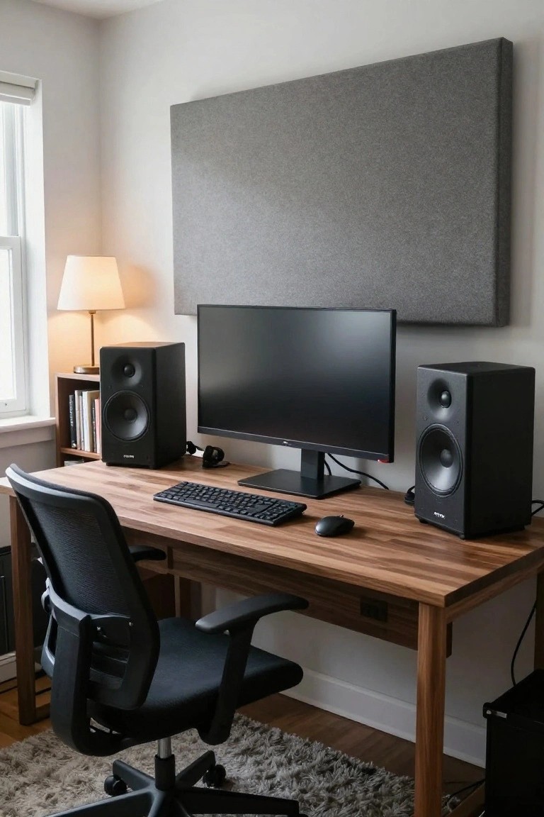 Home office setup with walnut wood desk, central black computer monitor flanked by two black studio speakers, black mechanical keyboard, mouse, black mesh ergonomic chair, bookshelf with books, table lamp, and large gray acoustic wall panel next to a window.