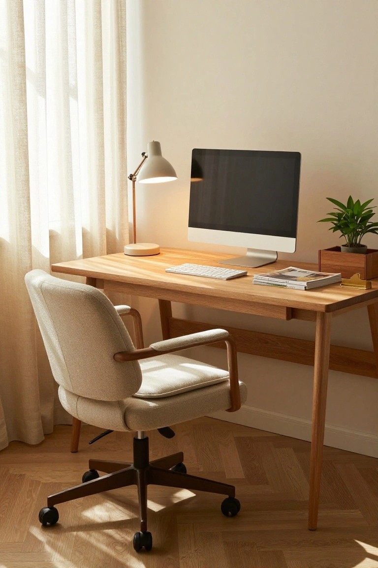 Beige upholstered swivel chair with wooden arms at a light oak desk holding a keyboard, iMac monitor, lamp, books, and plants in a sunlit room with sheer curtains and parquet floor.