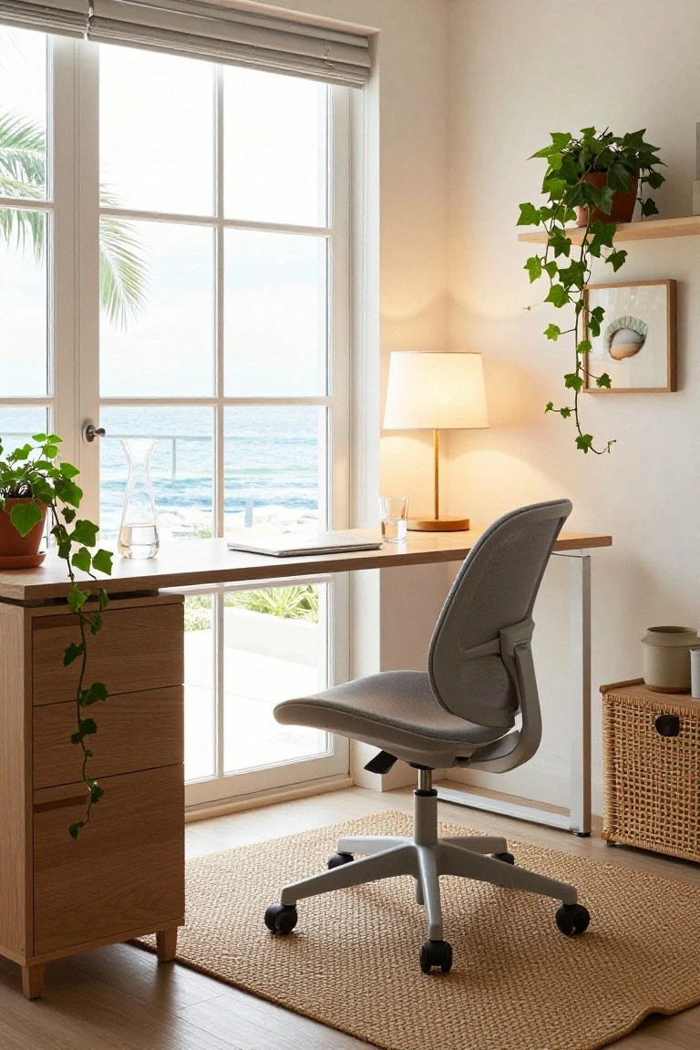 Home office corner with light wood desk and drawers, grey mesh ergonomic chair, potted plants, lamp, and large window showing ocean view.