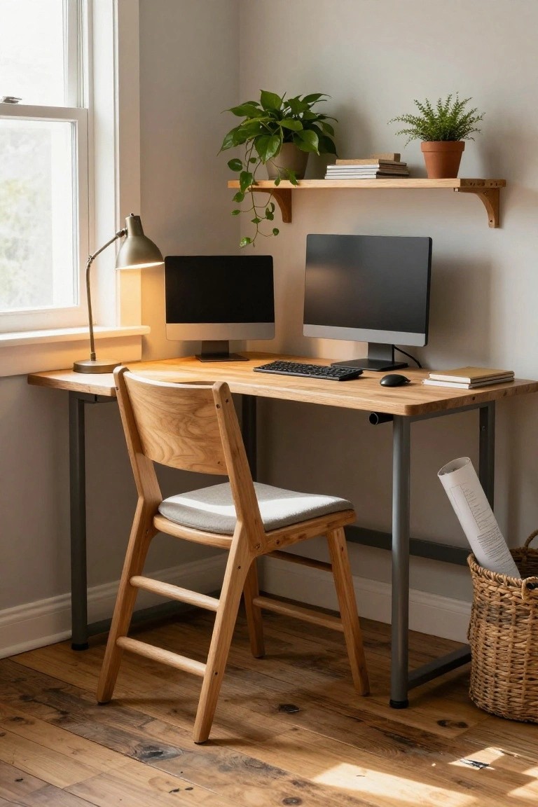 Corner home office with oak desk on black metal legs, wooden chair with white cushioned seat, dual black computer monitors, desk lamp, potted plants on wall shelves, and window with natural light.