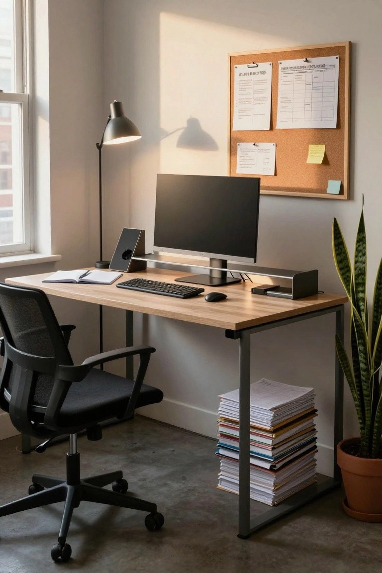 A home office desk setup with a large black monitor elevated on a silver stand, mechanical keyboard and mouse on a wooden surface, black mesh ergonomic chair, adjustable lamp, corkboard on wall, stacks of papers, and potted snake plant.