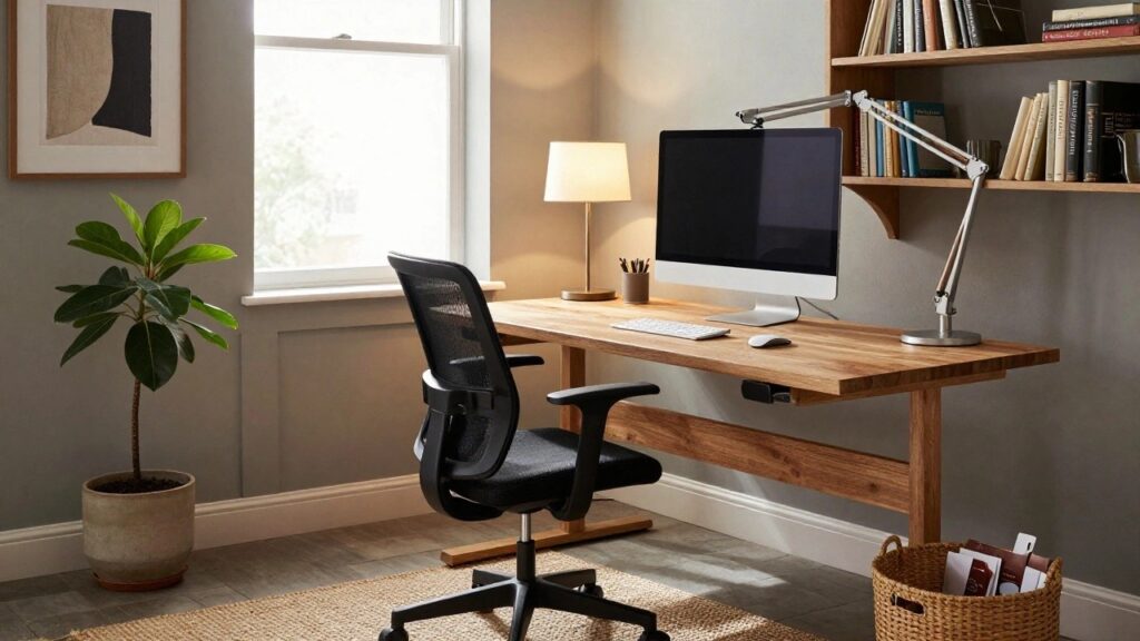 25 Ergonomic Home Office Essentials for Better Posture Home office with light wood height-adjustable desk, dual black monitors on metal stands, white wireless keyboard and mouse, black mesh ergonomic chair, gooseneck desk lamp, bookshelves, potted plant, and beige walls.