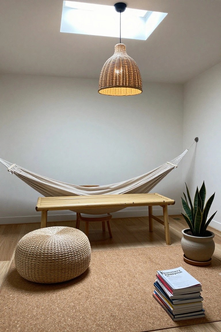 Indoor room with white walls, skylight, rattan pendant lamp, white hammock on one wall above low bamboo bench and stool, woven pouf, cork rug with stack of books, potted snake plant.