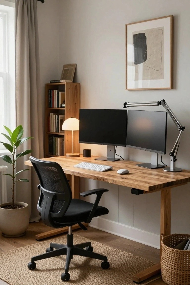 Home office with light wood height-adjustable desk, dual black monitors on metal stands, white wireless keyboard and mouse, black mesh ergonomic chair, gooseneck desk lamp, bookshelves, potted plant, and beige walls.