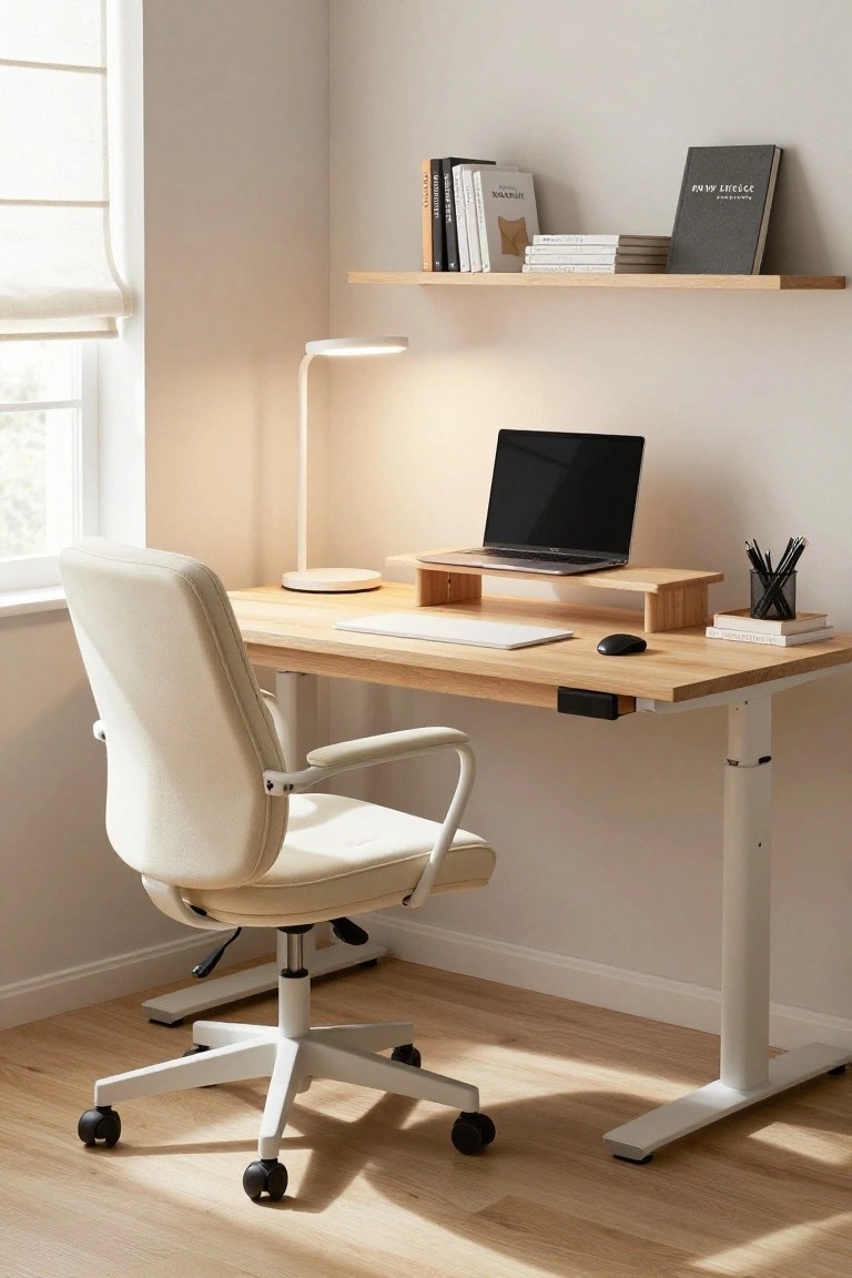 A light-filled home office with height-adjustable oak desk on white legs, cream ergonomic chair, laptop on wooden riser, desk lamp, and floating wooden shelves with books.