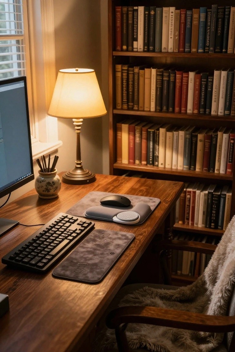 Wooden desk in a warmly lit home office with computer monitor, keyboard, gray padded mouse pad and wrist rest, mouse, pencil holder, lamp, bookshelves, and chair with fur throw.