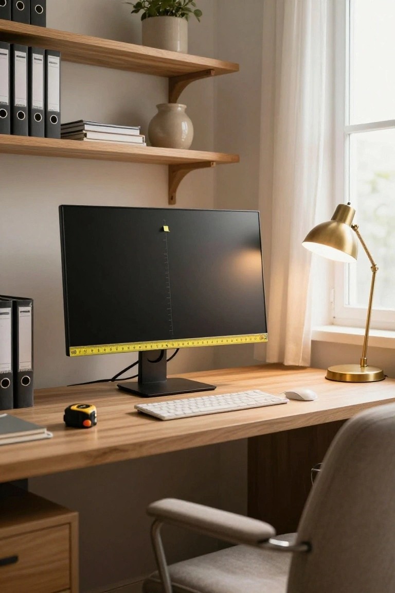 Home office setup featuring a black monitor with a yellow tape measure taped vertically along its right edge, white keyboard and mouse on a wooden desk, gold desk lamp, file folders, measuring tape tool, wooden shelves with binders and plants, and a light gray ergonomic chair.