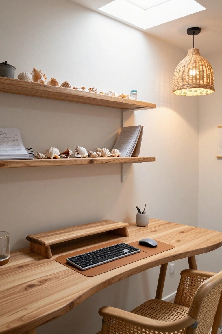 Home office interior featuring a live-edge wooden desk with a wooden monitor stand, low-profile keyboard, mouse pad, rattan chair, wooden shelves with seashells, pendant light, and skylight.