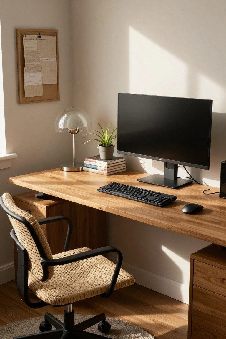 Home office corner with light wooden desk holding black monitor on stand, keyboard, mouse, woven beige office chair on black wheeled base, green potted plant, glass lamp, stacked books, and corkboard on beige wall.