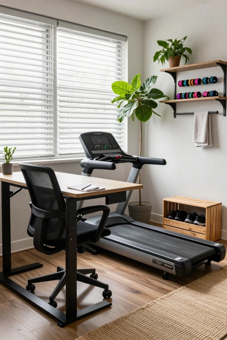 A home office with a light wood adjustable standing desk, black mesh chair, black treadmill positioned under the desk, potted plants, wall shelves holding colorful resistance bands and a towel, wooden shoe crate, and beige rug on hardwood floors.