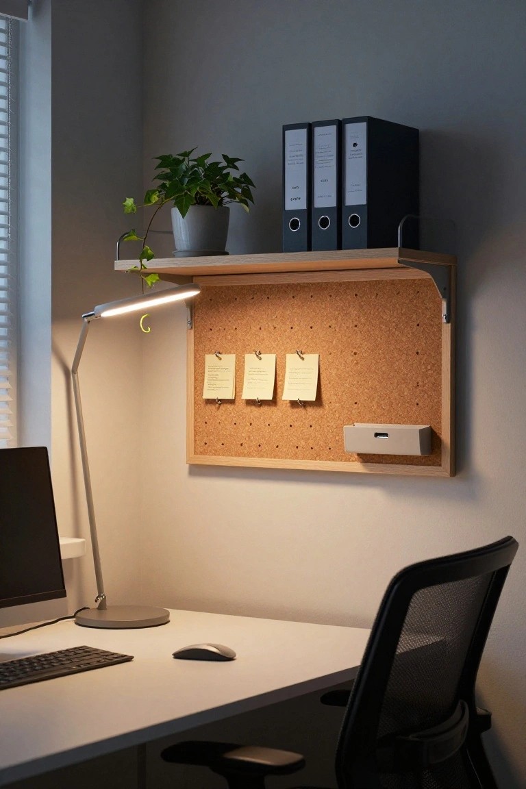 Modern home office corner featuring a white desk with keyboard and mouse, black mesh ergonomic chair, computer monitor, adjustable desk lamp, and wooden wall-mounted shelf with black binders, potted plant, and corkboard holding yellow sticky notes.