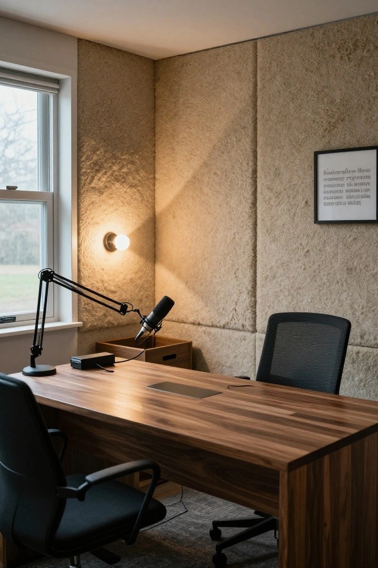 Corner home office with beige textured acoustic wall panels, wooden desk, boom arm microphone, black mesh chairs, wall lamp, and window.