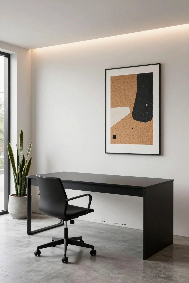 Modern office room featuring a black rectangular desk with metal legs, black swivel chair, potted snake plant, large framed abstract print on white wall, floor-to-ceiling window, white walls, and polished concrete floor.
