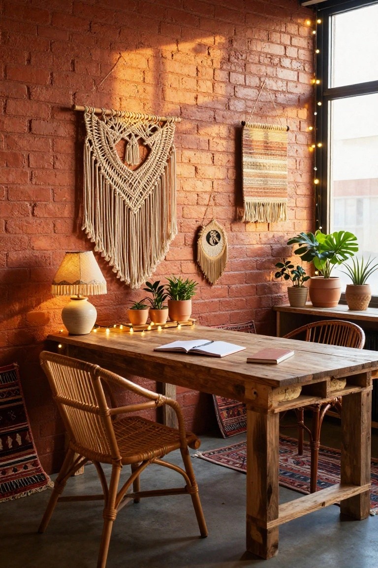 Exposed red brick wall in a cozy office space with macrame hangings, potted plants, wooden desk, rattan chairs, table lamp, and string lights.