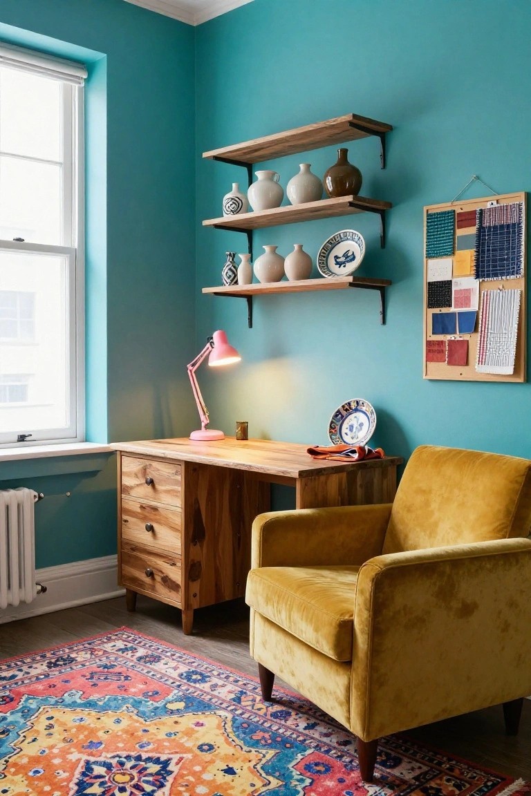 Turquoise-walled room with wooden desk and drawers, mustard yellow velvet armchair, wooden floating shelves holding pottery and plates, pink desk lamp, fabric mood board, and multicolored patterned rug on wood floor.