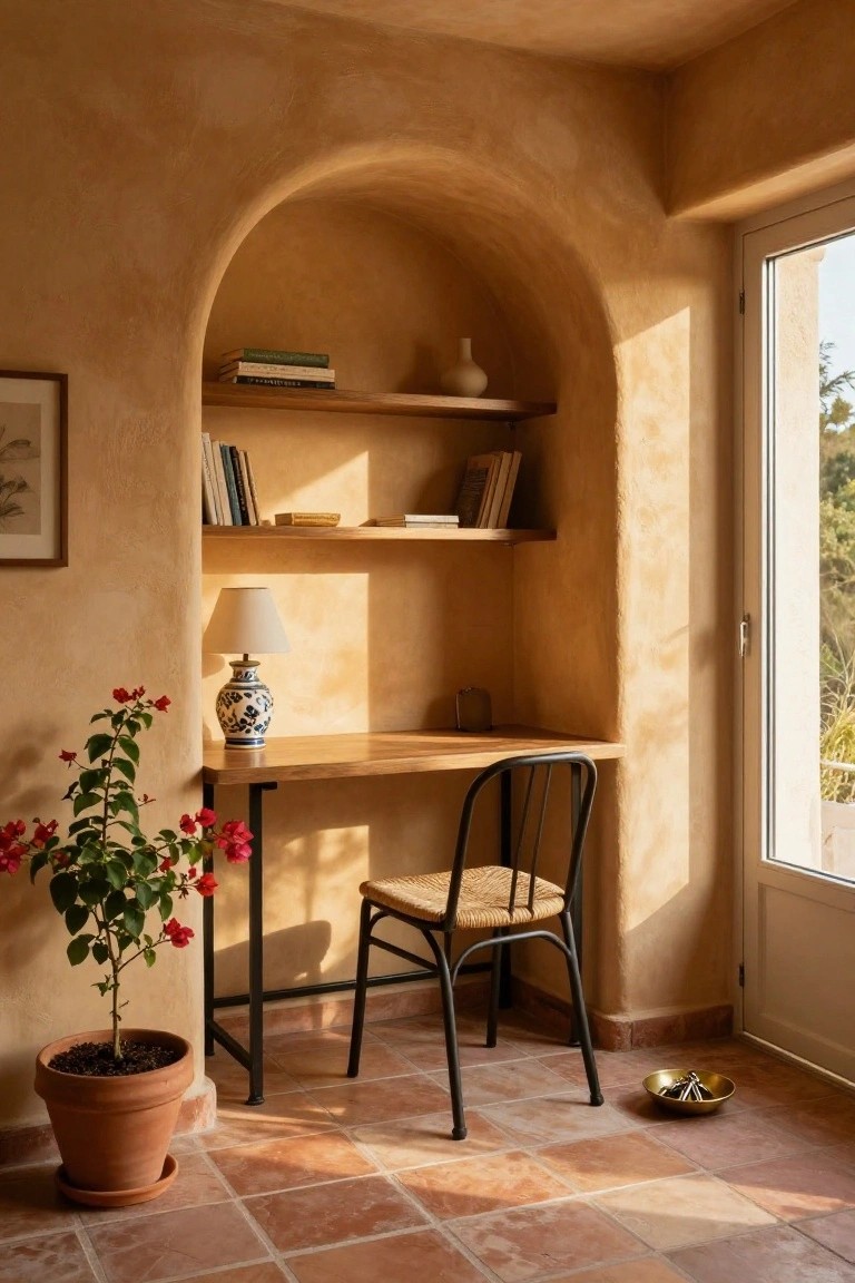 Arched beige plaster wall niche with wooden shelves holding books and a vase, wooden desk with black metal legs and woven chair, blue-and-white lamp, red flowering plant in terracotta pot, and open door to outdoors on terracotta tile floor.