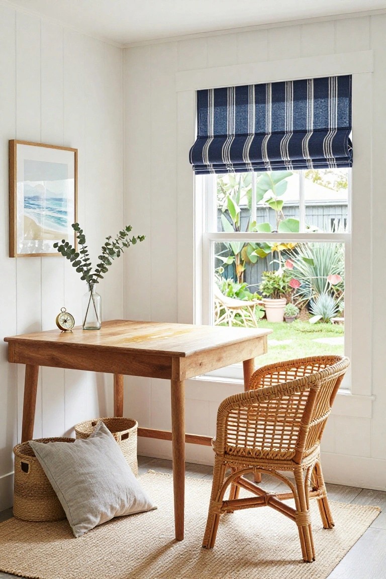 A small white shiplap-walled room featuring a wooden desk and rattan chair positioned by a large window with blue striped roman blinds, overlooking a garden with plants and grass, plus a vase of eucalyptus on a side table.