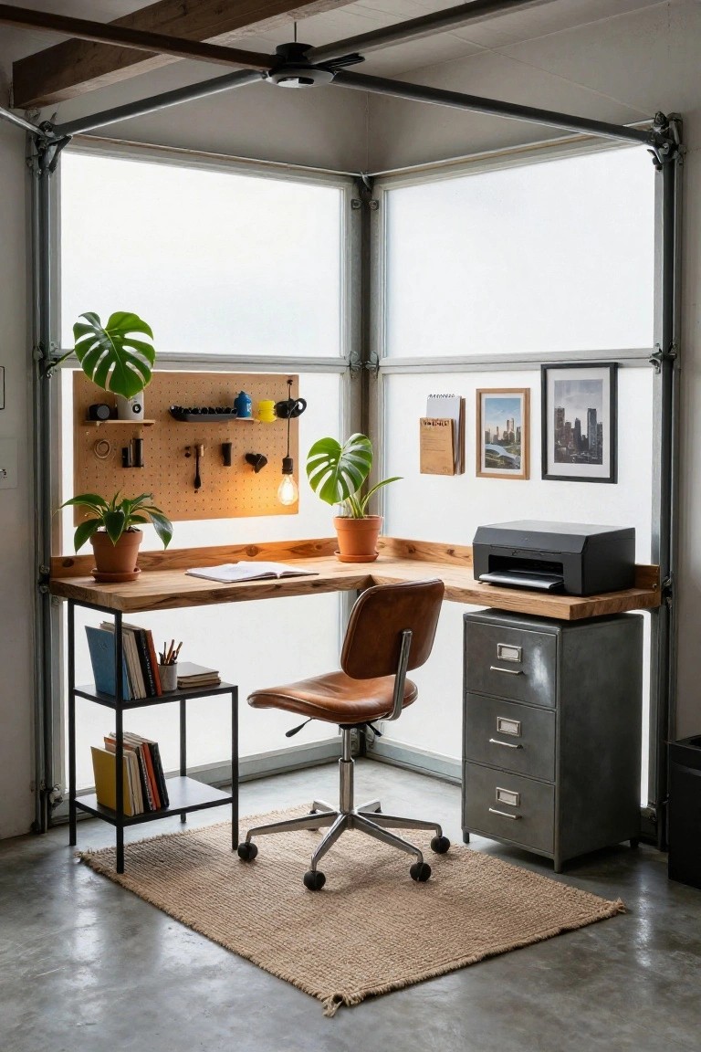 Corner garage office with L-shaped wooden desk on metal frames, swivel chair, metal filing cabinet, pegboard wall with plants and tools, printer, and large frosted garage door windows.