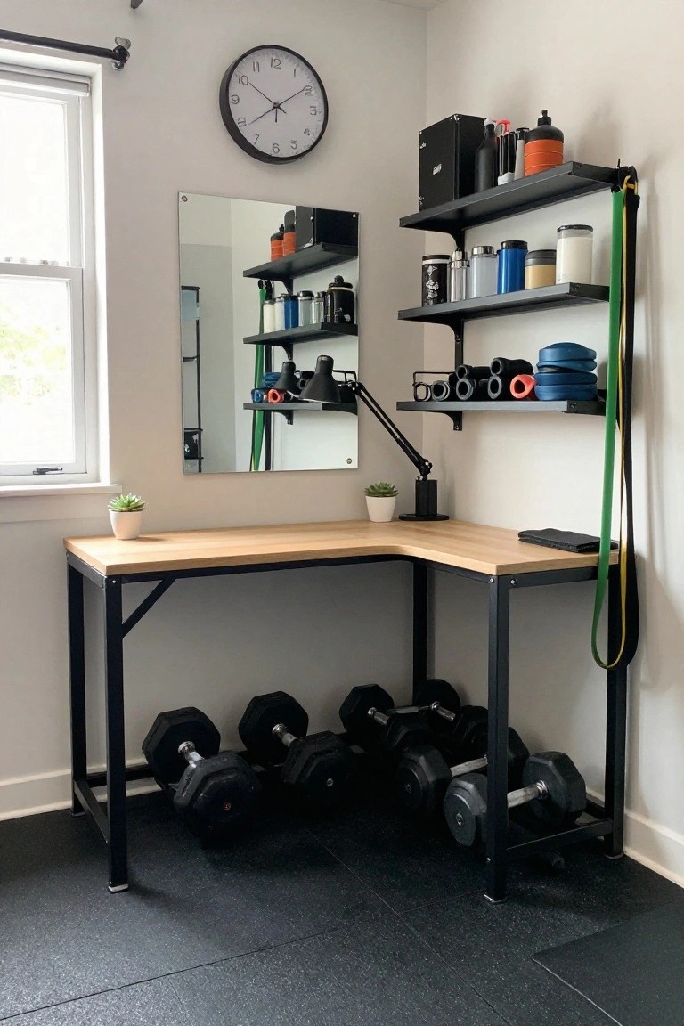 Corner L-shaped wooden desk with black metal frame in a garage gym office space, dumbbells stored on the legs underneath, shelves above holding fitness gear and supplements, full-length mirror on wall.