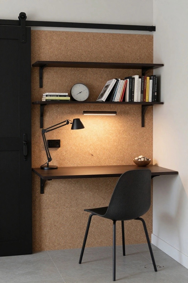 Corner indoor office with wall-mounted wooden desk and floating shelves on corkboard wall panels, black adjustable lamp on desk, black chair, books and clock on shelves, bowl of stones, and black sliding barn door.