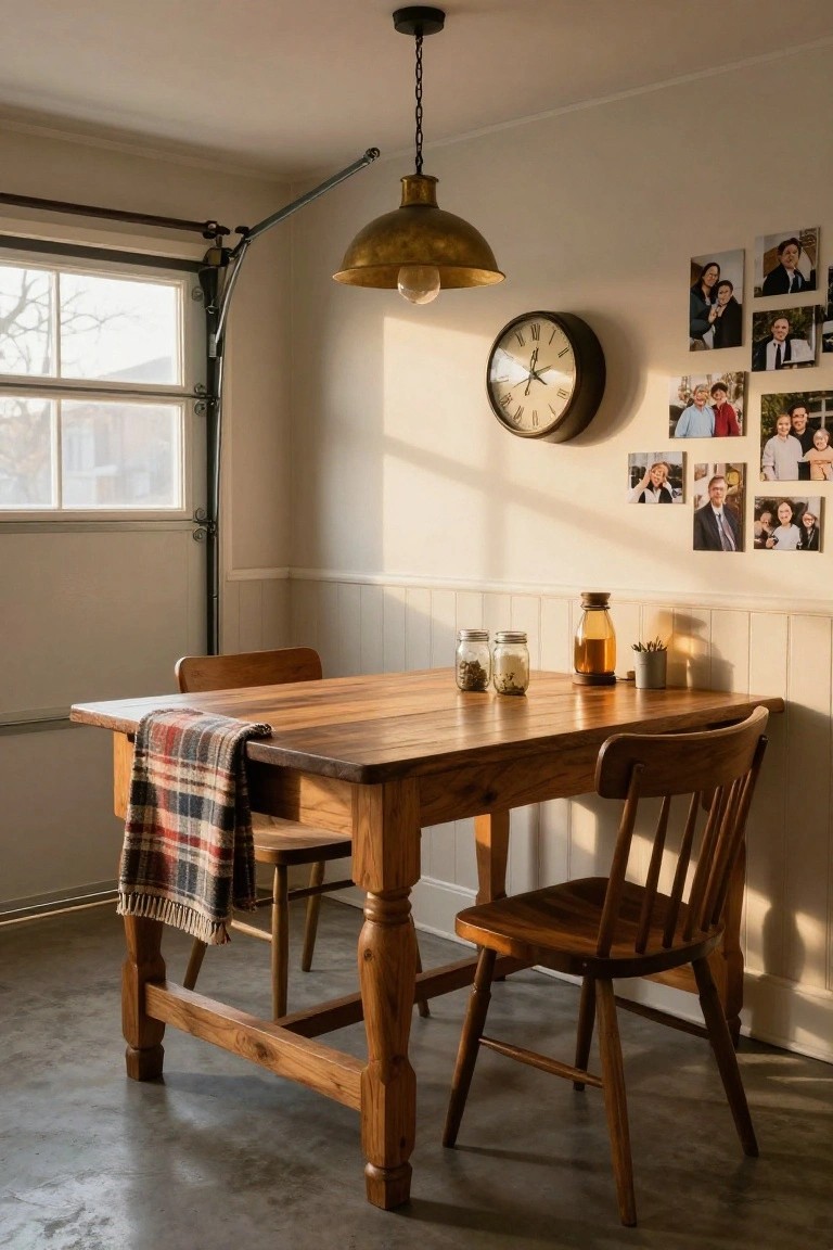 Garage interior converted to office nook with wooden table draped in plaid cloth, two wooden chairs, brass pendant lamp, wall clock, family photos, jars on table, and large windowed garage door.