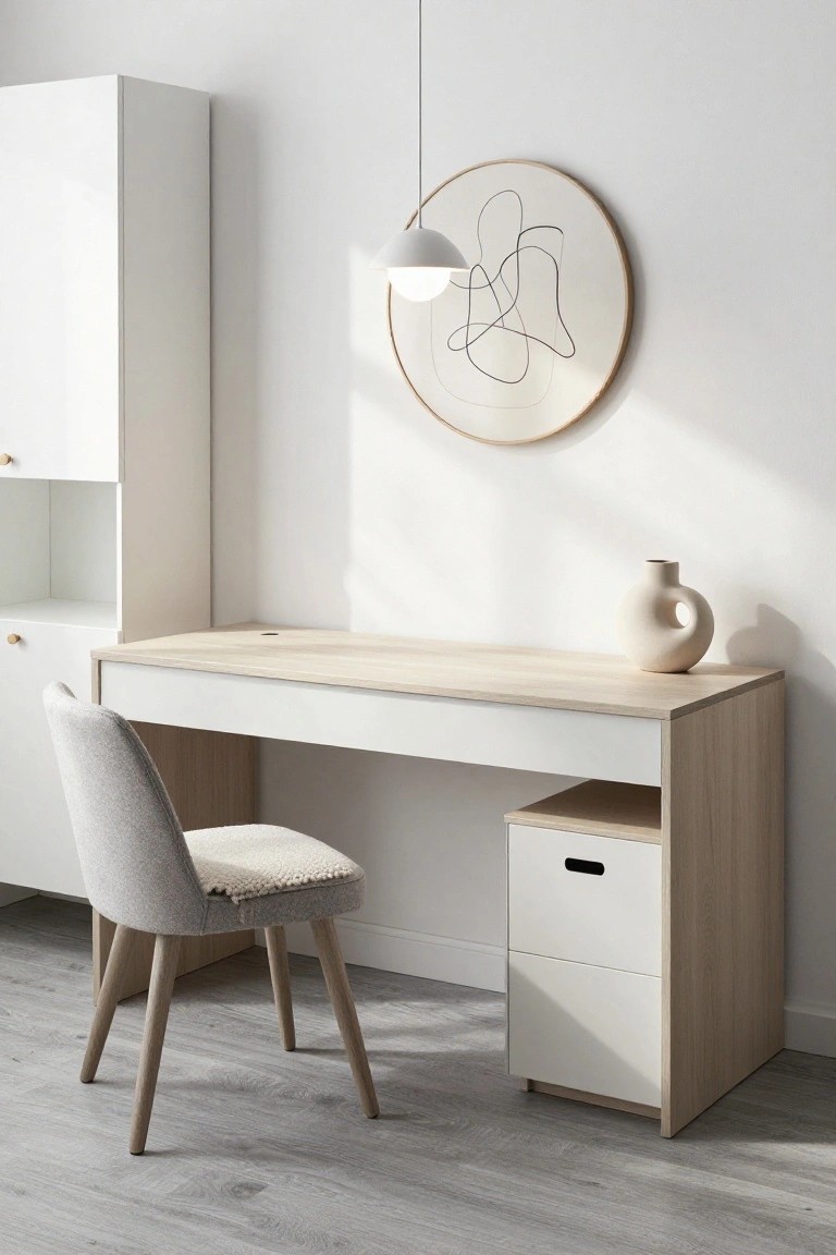 Modern white desk with light wood top and integrated drawer unit below, light gray tufted chair, white shelving cabinet, beige vase, and round wall art in a bright white room.