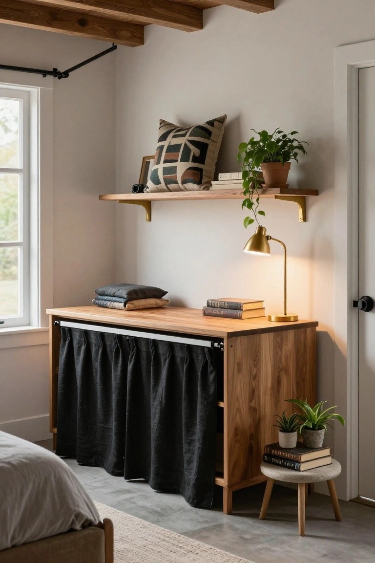 Modern bedroom with wooden console table, floating shelf, and black curtain storage.