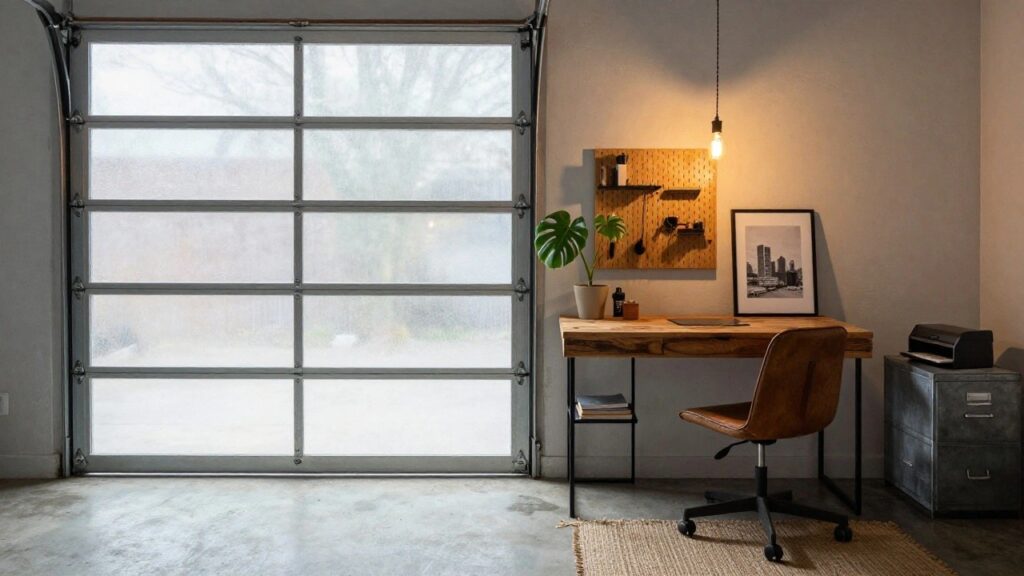 25 Garage Office Conversion Ideas for Extra Space Corner garage office with L-shaped wooden desk on metal frames, swivel chair, metal filing cabinet, pegboard wall with plants and tools, printer, and large frosted garage door windows.