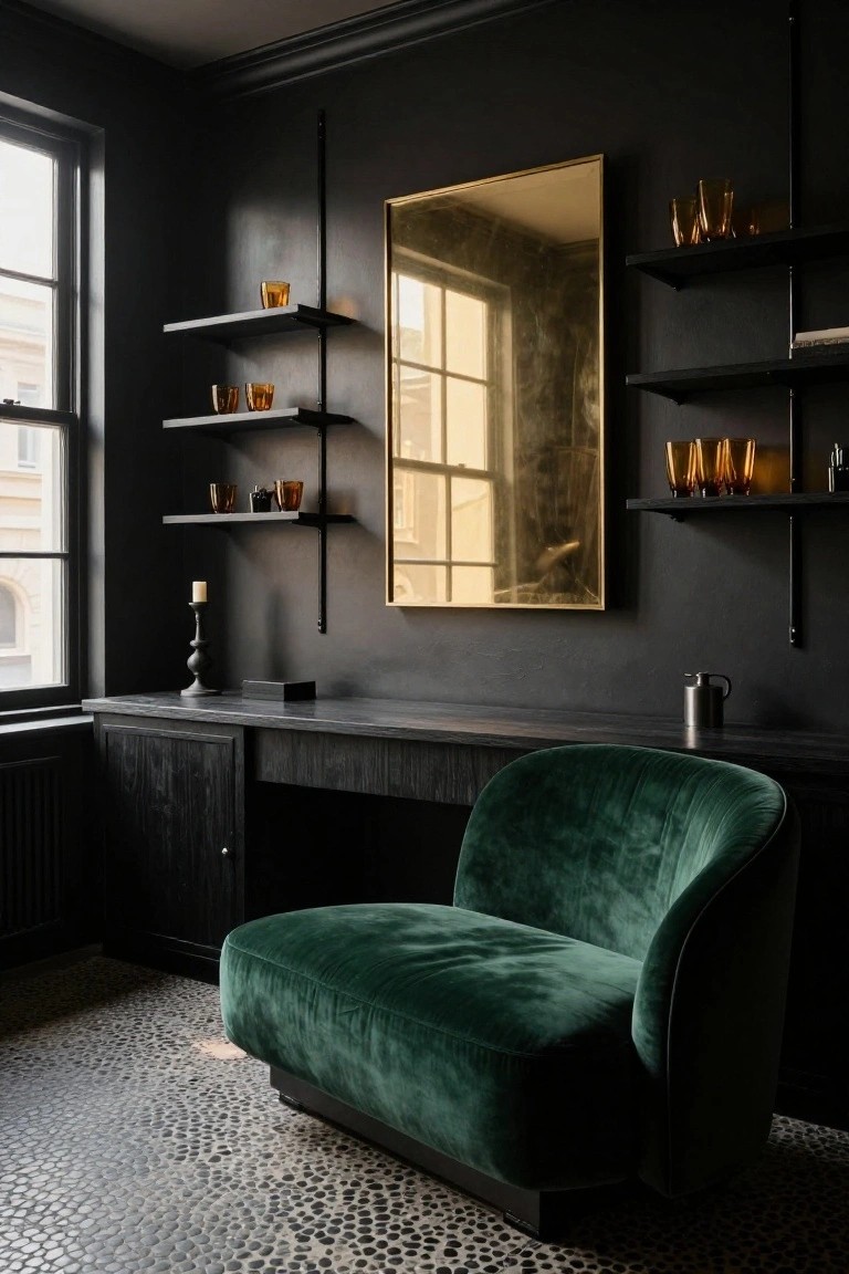 Dark-walled home office featuring a black desk with cabinet, curved emerald green velvet lounge chair, large gold-framed mirror, floating black shelves with amber glass tumblers, and pebble tile floor.