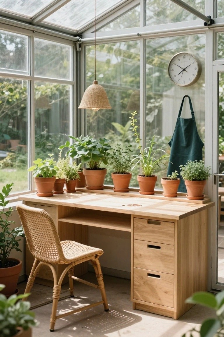 Glass-walled greenhouse interior featuring a light wooden desk with drawers, rattan chair, potted plants in terracotta pots on windowsills and shelves, woven pendant lamp, wall clock, and green apron hanging on the wall.