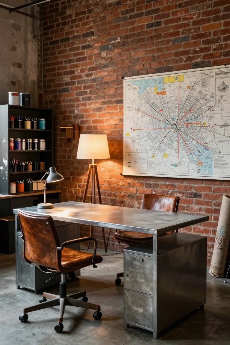 Industrial-style office room with exposed red brick walls, gray metal desk and cabinets, brown leather swivel chairs, task lamp on desk, tall floor lamp, wall shelves with cans and jars, large wall map, and concrete floor.