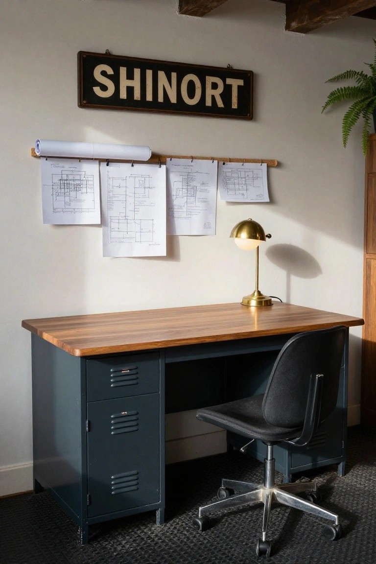 Navy blue louvered metal desk with wooden top and drawers in a room with pinned blueprints on the wall, a rolled plan on a rack, gold lamp, black chair, and SHINORT sign above.