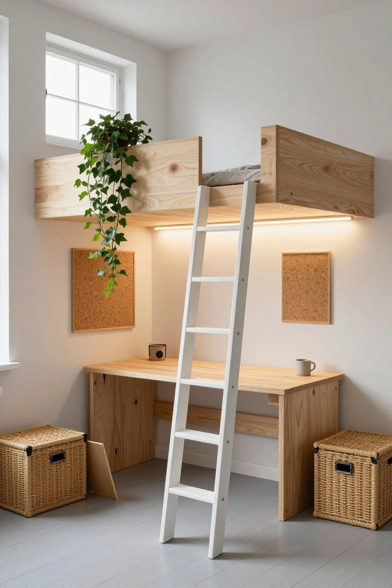 Wooden loft bed built above a matching desk in a corner room, with white ladder access, ivy plant hanging from the bed frame, two corkboards on walls, mug on desk, and wicker storage baskets nearby.