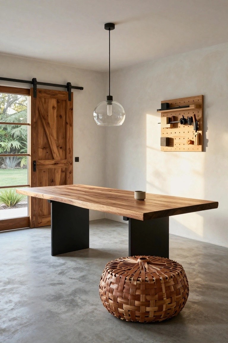 Indoor room with a live-edge wood dining table on black metal legs, wooden pegboard wall holding tools and accessories, sliding barn door open to garden view, glass pendant light, and woven leather pouf on polished concrete floor.