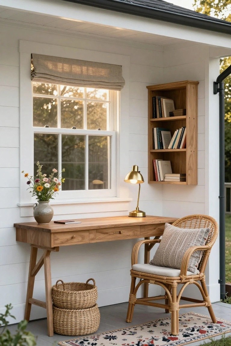 Wooden desk against white shiplap exterior wall under porch roof, with open window showing interior bookshelves, brass desk lamp, vase of wildflowers, rattan armchair with cushions, two stacked seagrass baskets, and patterned rug on concrete floor.