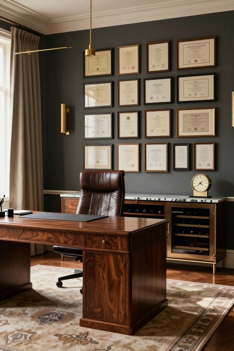 Dark gray paneled office with a large grid of gold-framed diplomas and certificates on the wall, walnut executive desk with leather chair, marble sideboard holding a gold clock and wine cabinet, beige rug on wood floor.