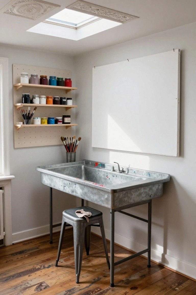 Corner interior of a light-filled room with a large galvanized metal sink on metal legs used as a workstation, pegboard wall shelves holding colorful paint jars and brushes, a large white board mounted nearby, and a metal stool with a cloth on it.