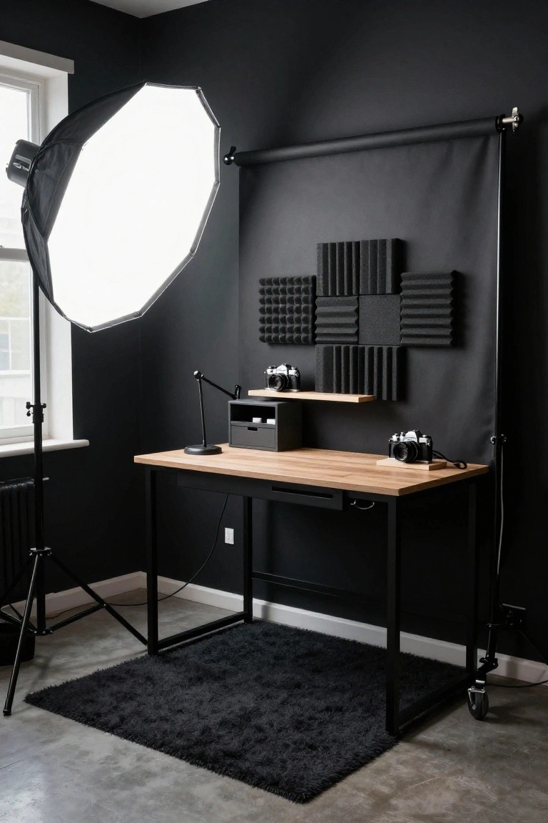 Dark room with black walls, acoustic foam panels, black backdrop on a roller stand, large softbox light, wooden-top black metal desk holding cameras and tech equipment, and a black rug on concrete floor.