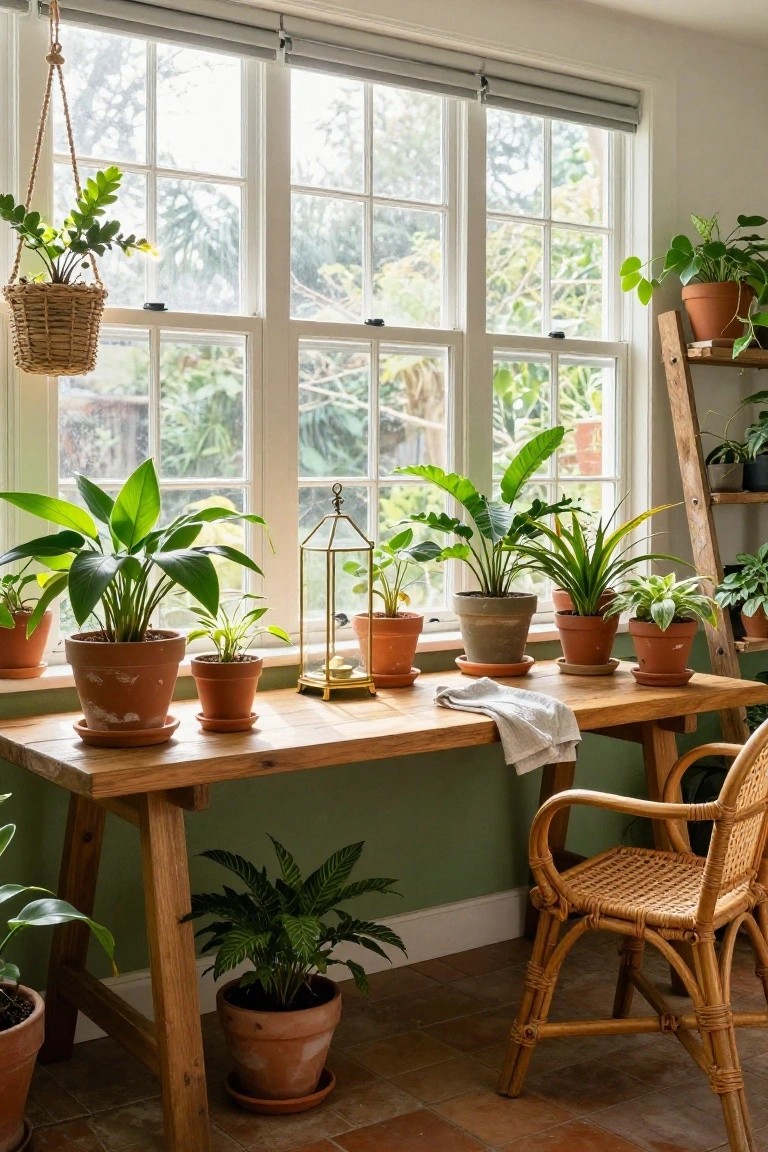 Wooden desk in a light-filled room surrounded by numerous potted indoor plants on windowsills, shelves, and floor, with large multi-pane windows overlooking greenery, rattan chair, and hanging plant.