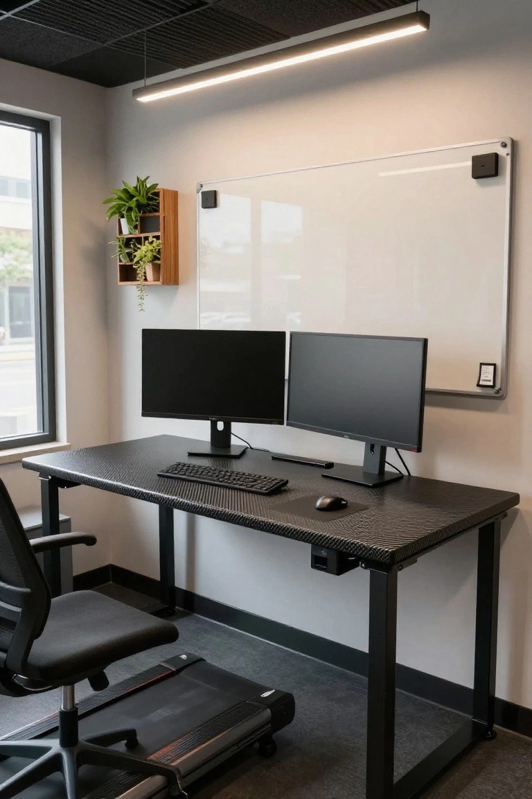 Garage office interior with black carbon fiber topped standing desk, dual black monitors, keyboard, mouse, ergonomic mesh chair, wall-mounted whiteboard, potted plants on wooden shelf, and treadmill under the desk.