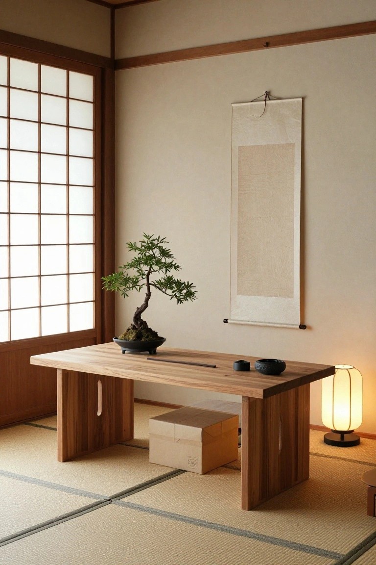 Minimalist Japanese-style interior room with tatami mat flooring, low wooden table topped with a bonsai tree in black pot, incense stick, black ash tray, shoji screen window, hanging beige scroll, wooden box, and lit lantern lamp on floor.